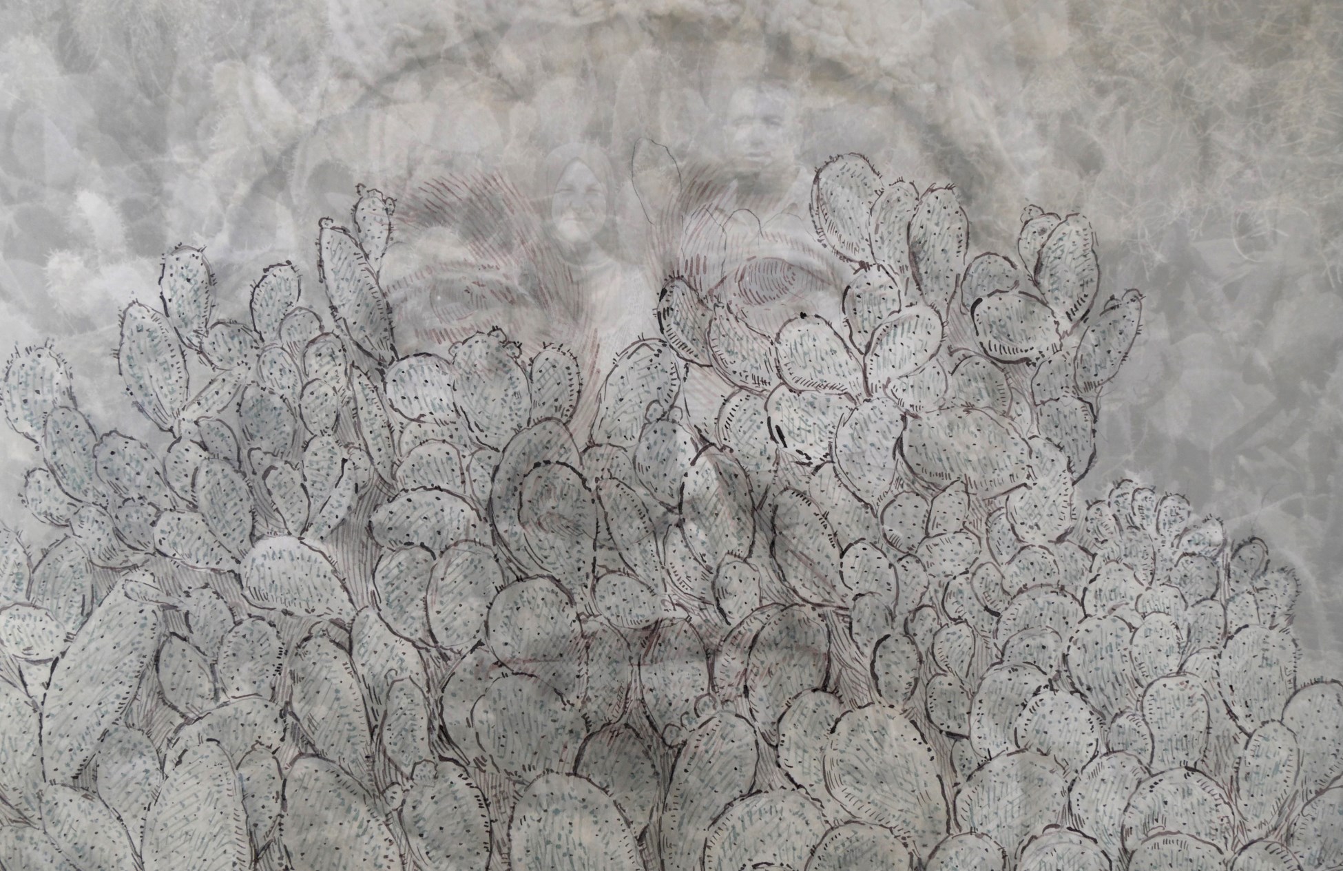 a fading face and two individuals overlay a field of cacti.