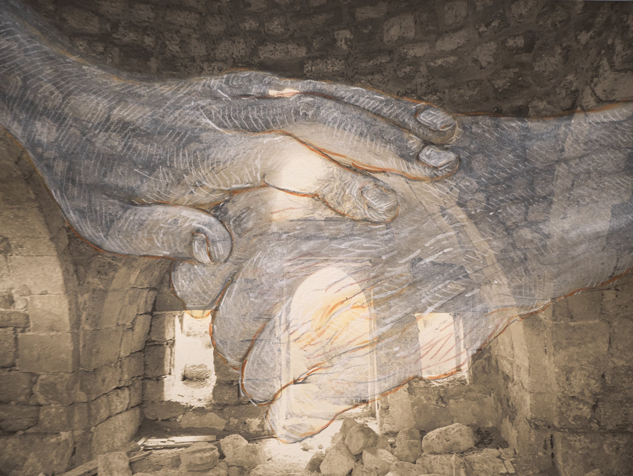 Hands touching each other overlay a building in ruins.
