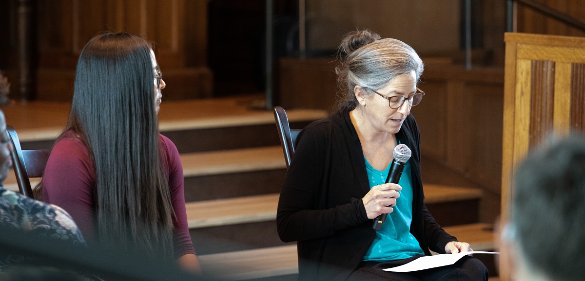 Speaking on Religious Literacy and Climate Justice panel for HDS Climate Justice Week are, from left, RPL Native and Indigenous Rights Fellow Cynthia Wilson and RPL Climate Justice Fellow Teresa Cavazos Cohn