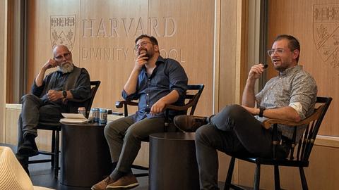 Moderator Shaul Magid (left) discusses book Safety Through Solidarity: A Radical Guide to Fighting Antisemitism with coauthors Ben Lorber (center) and Shane Burley (right).