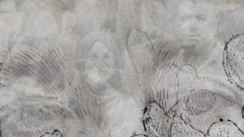 An art piece showing cactus and a fading couple. Two eyes look out above the cactus.