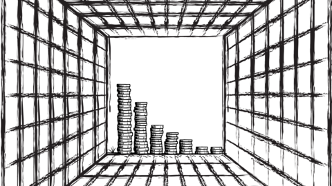A cage-like tunnel leading to stacks of coins
