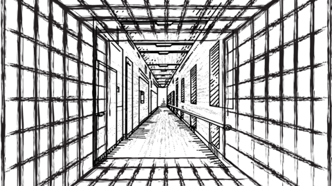 A cage-like tunnel leads to and merges with a school hallway.