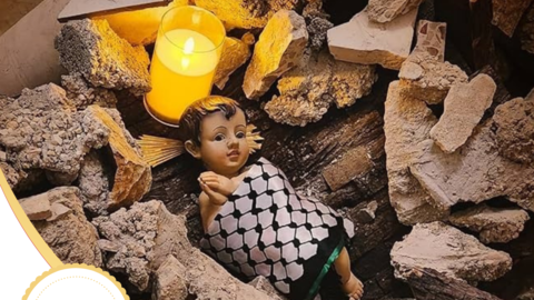 A poster featuring a book cover of "Christ in the Rubble: Faith, the Bible, and the Genocide in Gaza." The cover has a Baby Jesus doll lying next to a lit candle on a pile of rubble.