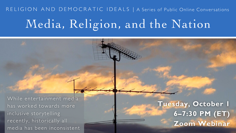 A poster featuring two images. The top is broadcasting poles in the shape of a cross. The bottom is two silhouettes composed of many smaller diverse-skin color faces. Between the two silhouettes is a scale.