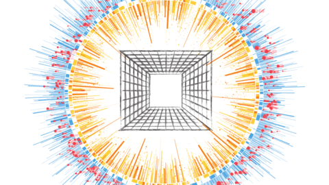 An image of a orange, red, and blue sun burst with a cage-like tunnel in the middle leading to an empty white space