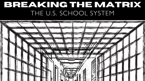 Poster featuring a cage-like tunnel that merges into a school hallway