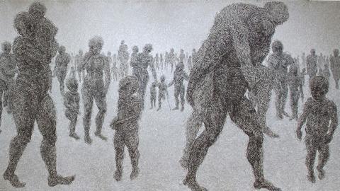 Shadowy figures wander across an empty plain. Some are carrying each other. They represent the displaced.