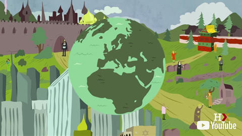 Illustration showing globe in from of landscapes representing many different cultures