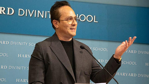 Mario Cader-Frech, MRPL ’24, delivers remarks during the special Cader Room naming event and film screening. / Photo: Caroline Cataldo