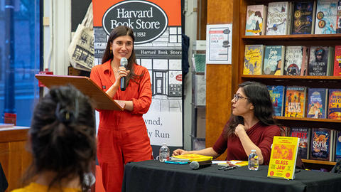 Raisa Tolchinsky, MRPL '24, and HDS Professor Annette Reed at Harvard Book Store. Tolchinsky's book "Glass Jaw" won the 2023 Lexi Rudnitsky First Book Prize in Poetry. / Photos: Kristie Welsh