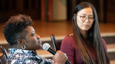 RPL Government Fellow Rev. Naomi Washington-Leapheart speaks at the Religious Literacy and Climate Justice panel for Climate Justice Week. She sits next to RPL Native and Indigenous Rights Fellow Cynthia Wilson.