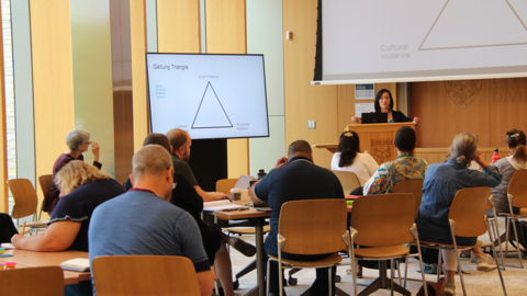 Jeanne Shin Cooper teaches Galtung's Triangle at the 2023 Religious Nationalism Educator Workshop