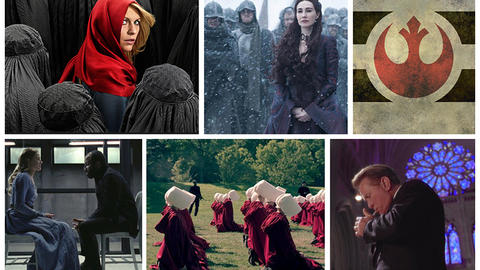 Collage of images showing religious elements in TV and Movie stills
