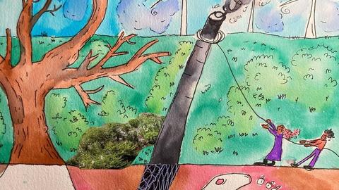 Two figures pull down a smoke stack in a landscape scene with a large tree to the left and wind turbines in the background, animals bones can be seen in the ground beneath the figures