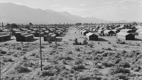 Black and white photo of a Japanese internment camp in the US