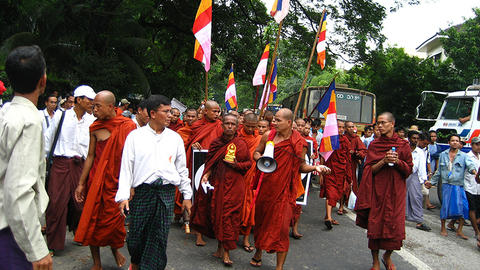A group of monks protest marching in Myanmar
