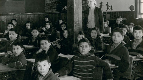black and white photo of students at a residential school in Canada