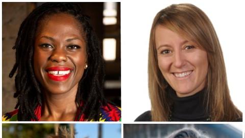 Four headshots of participants in the Leading Toward Justice webinar series including moderator, Susie Hayward, Associate Director of RLPI, and alumnx panelists Jasmine Beach-Ferrara, MDiv ‘10, Erica Williams, MRPL ‘22, and Ryan Anderson, MDiv ‘04