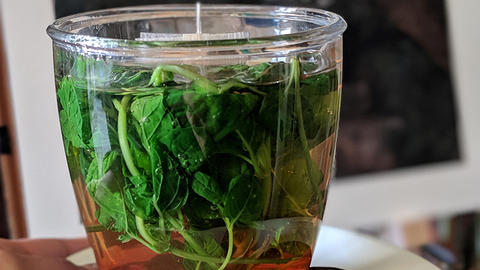 Leaves in a glass, brewing fresh tea