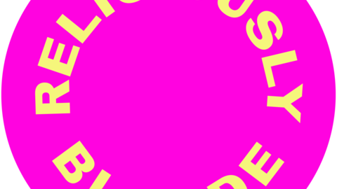 hot pink circle with yellow text Religiously Blonde