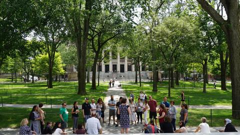 PLL Workshop on steps of Weidner Library looking at Harvard Memorial Church in Harvard Yard