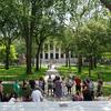 PLL workshop on steps of Weidner Library looking at Harvard Memorial Church in the Harvard Yard