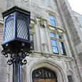 An outdoor streetlamp near the Swartz Hall entrance