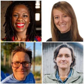 Four headshots of participants in the Leading Toward Justice webinar series including moderator, Susie Hayward, Associate Director of RLPI, and alumnx panelists Jasmine Beach-Ferrara, MDiv ‘10, Erica Williams, MRPL ‘22, and Ryan Anderson, MDiv ‘04