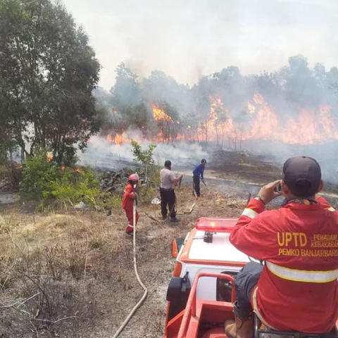 Fire fighters spraying water on a burning forest