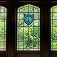 A decorative window in Swartz Hall