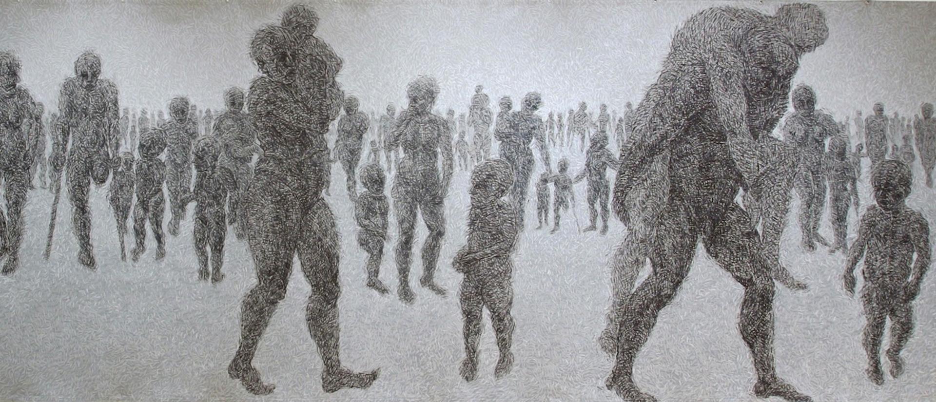 Shadowy figures wander across an empty plain. Some are carrying each other. They represent the displaced.
